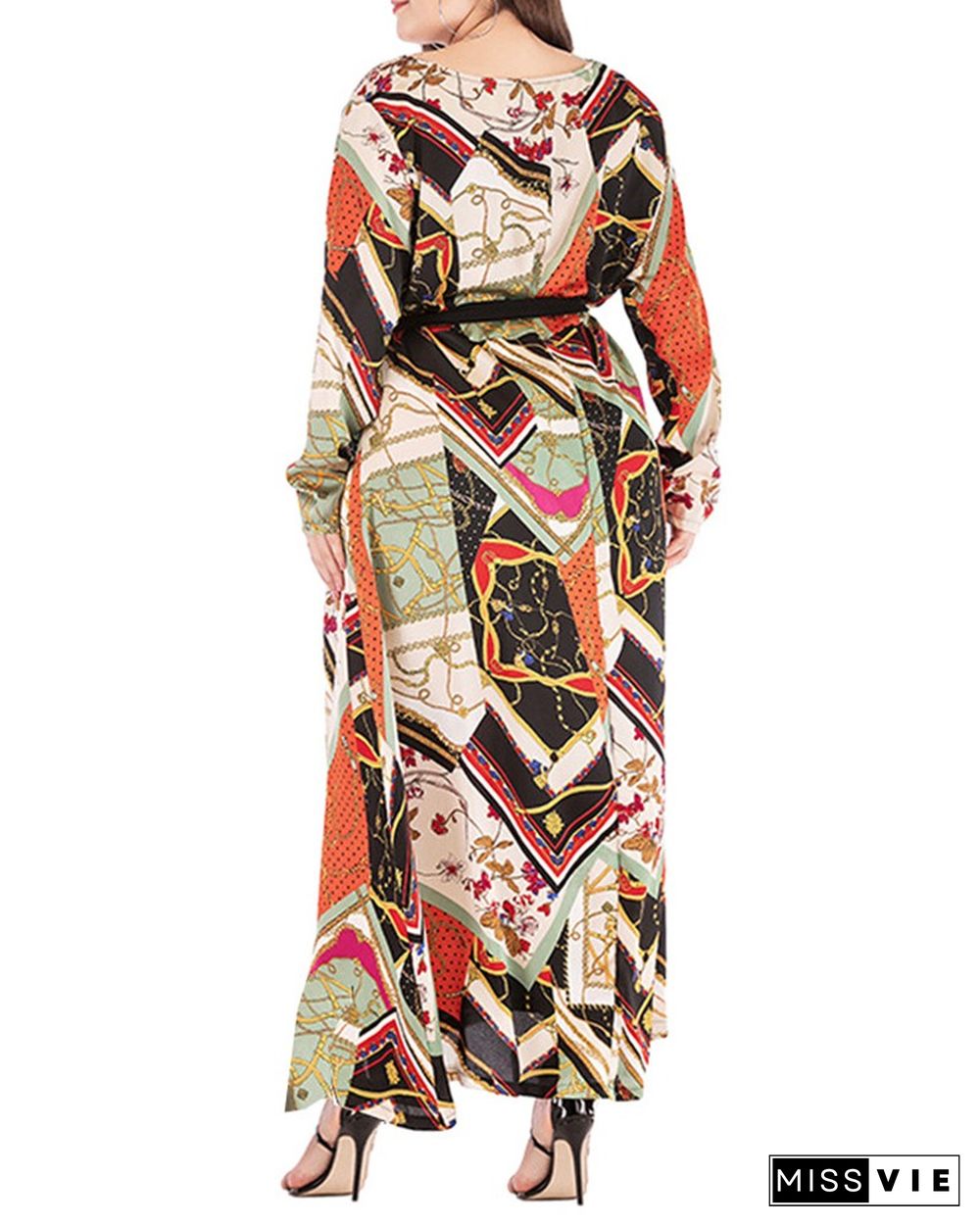 Plus Size Tied Detail Scarf Print Long Sleeve Maxi Dress