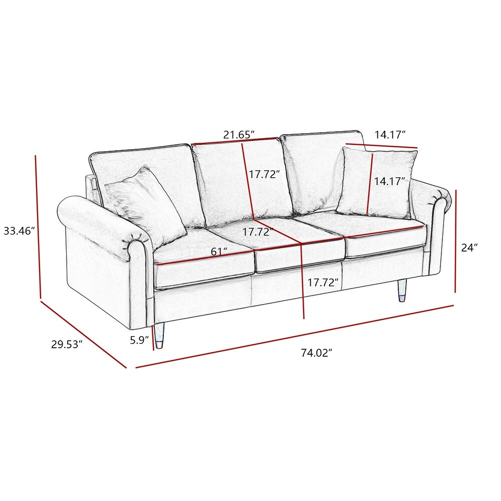 Velvet Sofa Couch with 2 Pillows  Modern 3 Seater Sofa With Wood Legs for Living Room and Bedroom .