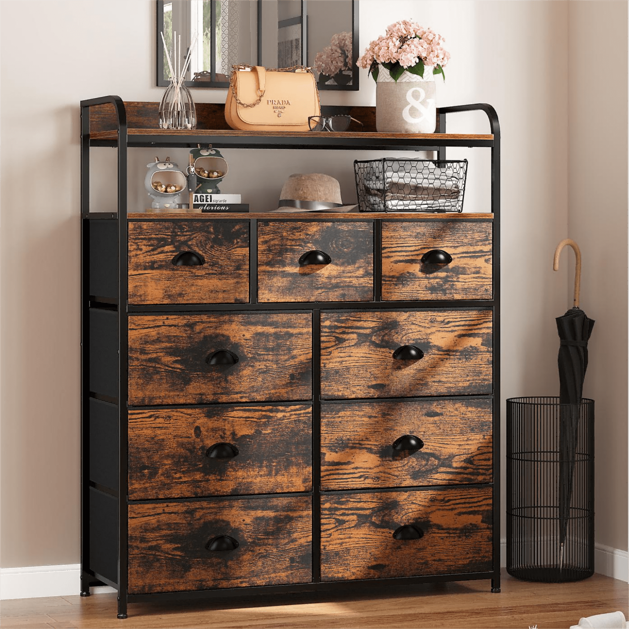 EnHomee Fabric Dresser for Bedroom 9 Drawer Dresser Tall Chest of Drawers Industrial Storage Tower Unit Bedroom Furniture Dresser for Closet Living Room Kids Room Metal Frame Wood Top, Rustic Brown