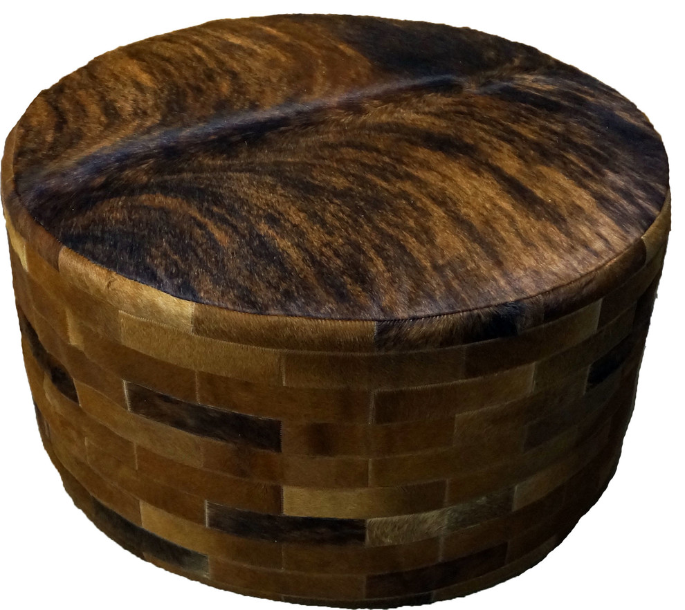 Cowhide 36 quotRound Patchwork Ottoman   Contemporary   Footstools And Ottomans   by Great Blue Heron Furniture  Houzz