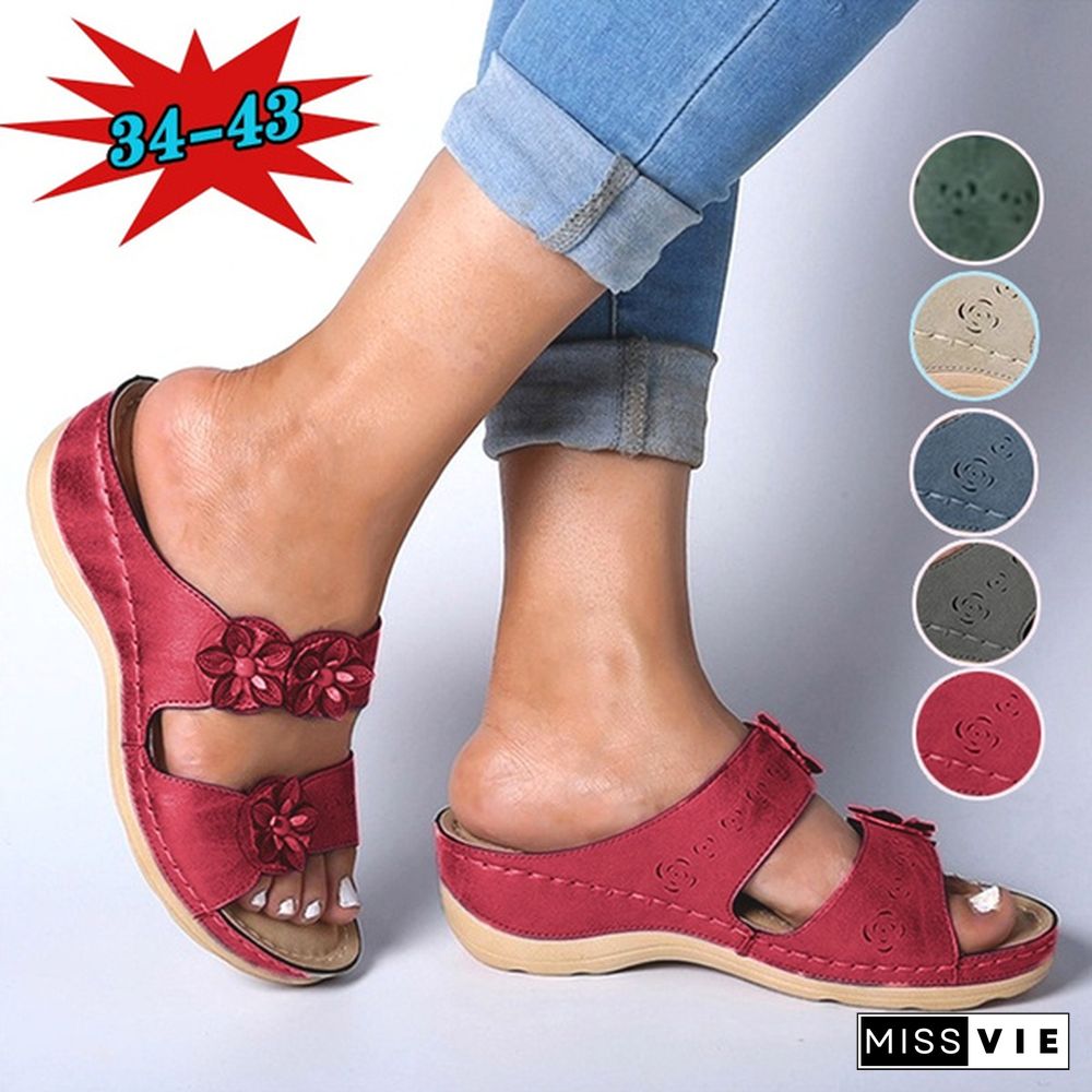 Women Fashion Casual Roman Style Flowers Open Toe Wedge Slippers Sandals