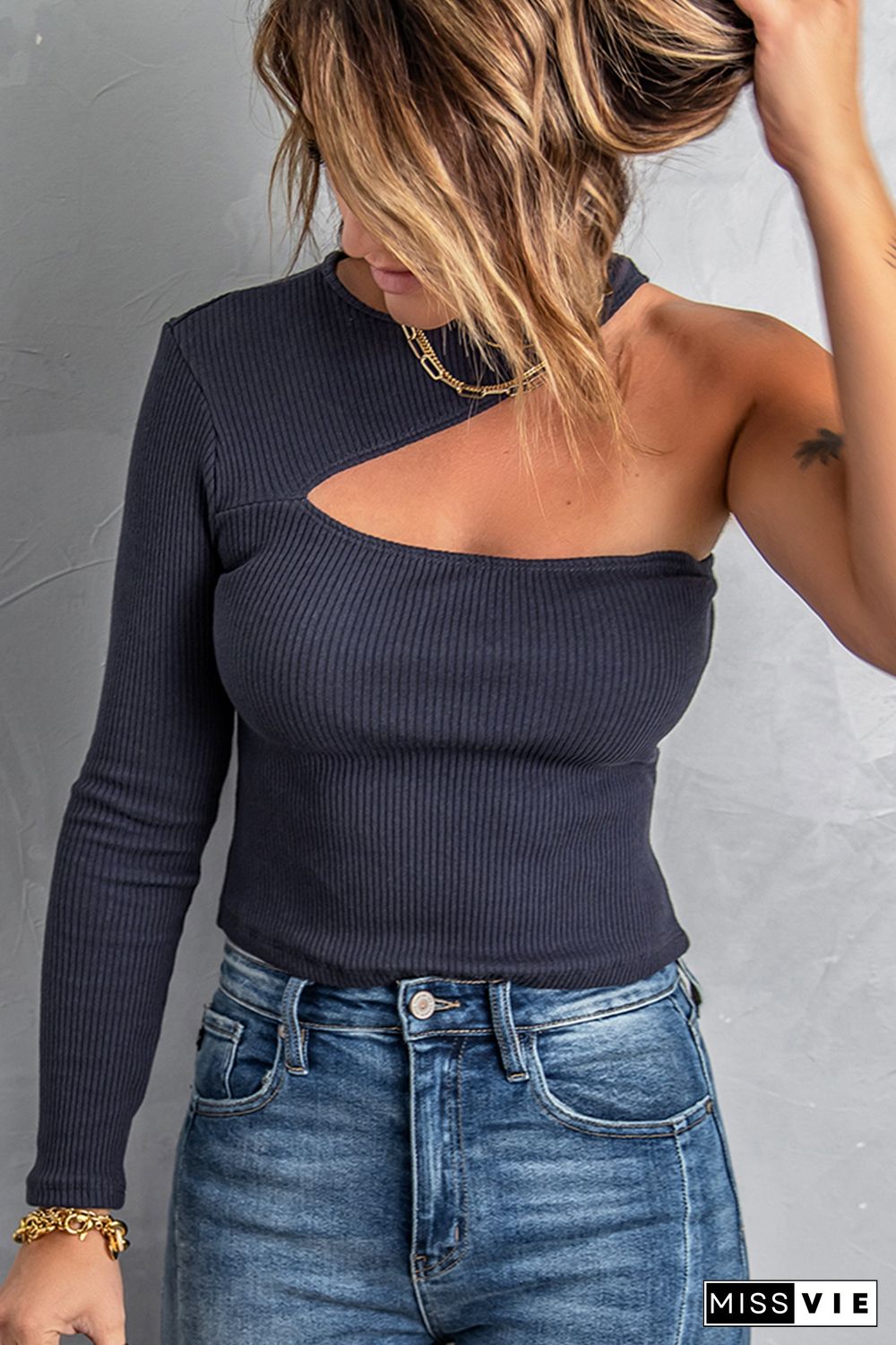 Cut-out One Shoulder Slim-fit Ribbed Top