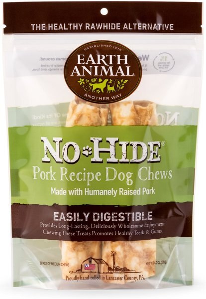 Earth Animal No-Hide Long Lasting Natural Rawhide Alternative Pork Recipe Medium Chew Dog Treats， 2 count