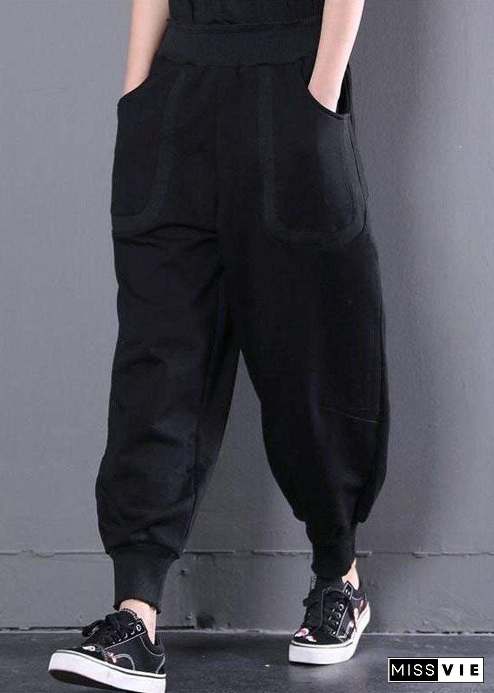 French Black High Waist Oversized Warm Fleece Harem Pants Winter