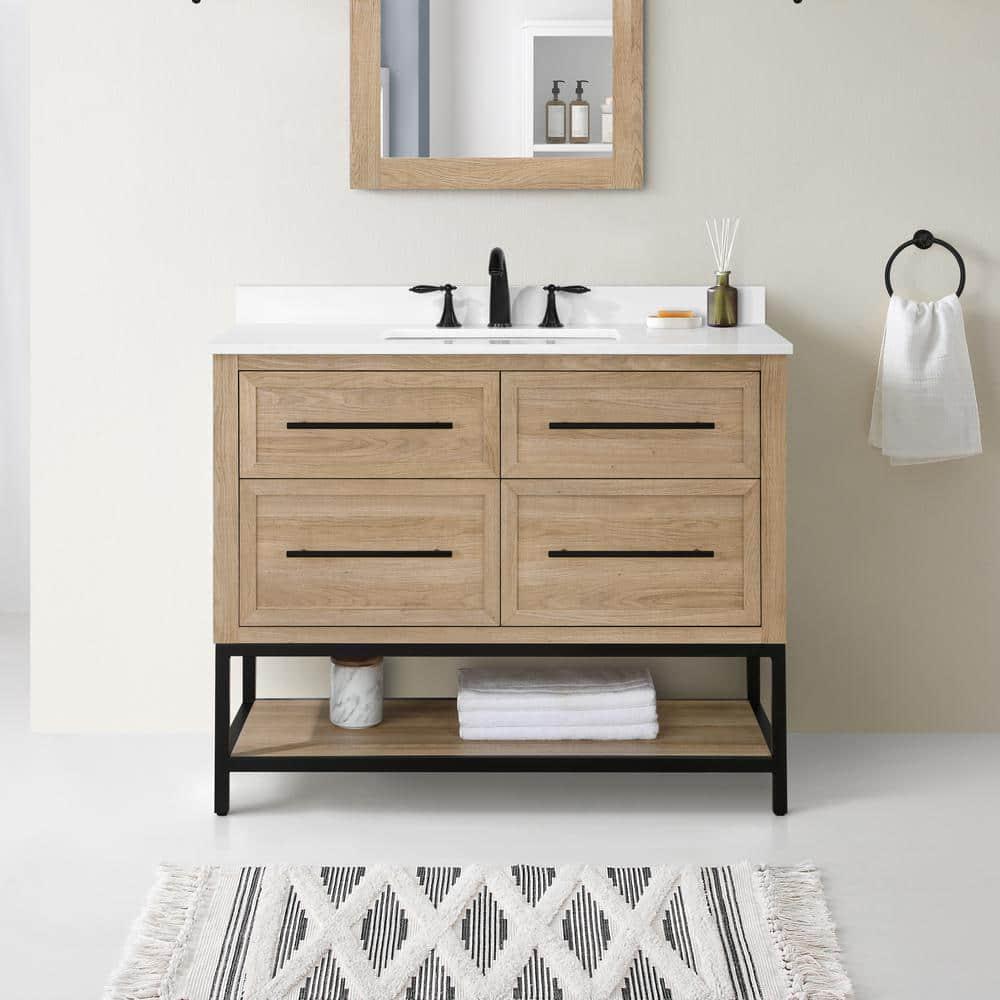 Home Decorators Collection Corley 42 in W x 19 in D x 3450 in H Bath Vanity in Weathered Tan with White Engineered Stone Top