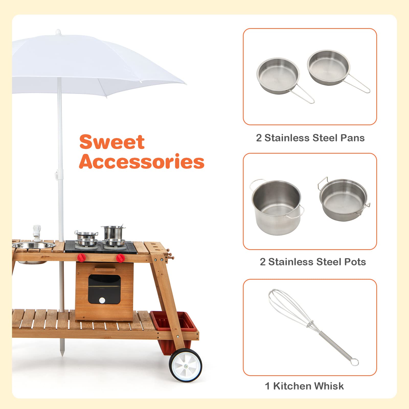 Costzon Kids Kitchen Playset, Indoor & Outdoor Wooden Pretend Cooking Cart with Stove, Sink, Kitchenware, Storage, Removable Umbrella