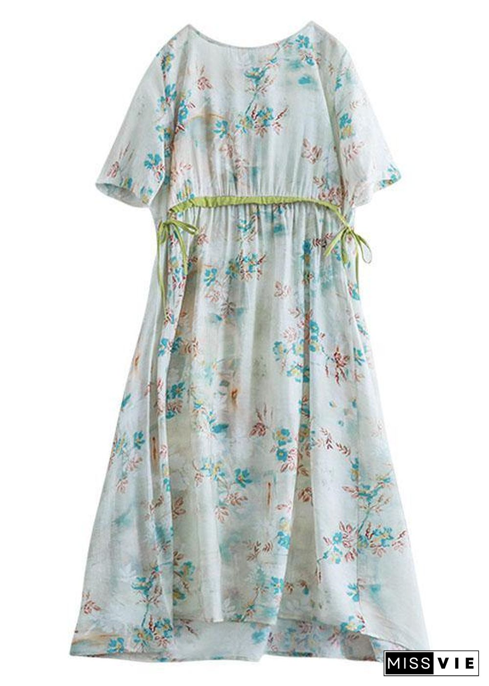 Italian Light Green Drawstring Patchwork Print Summer Cotton Vacation Dresses