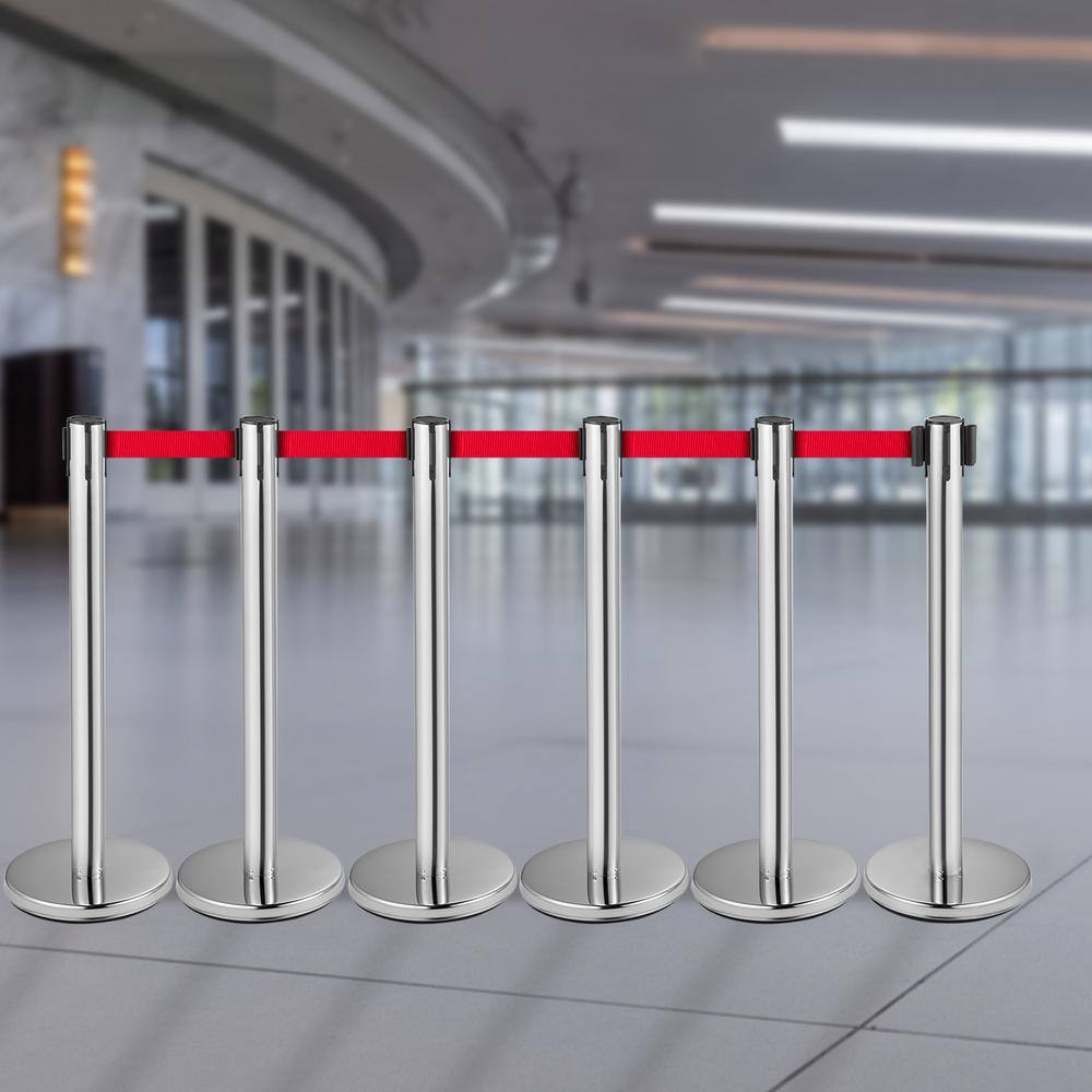 VEVOR 6.6 ft. Crowd Control Stanchion Set Red Retractable Belt Line Dividers with Sturdy Rubber Base in Silver (6-Pieces) GLZYSHDJTZGX6WOY8V0