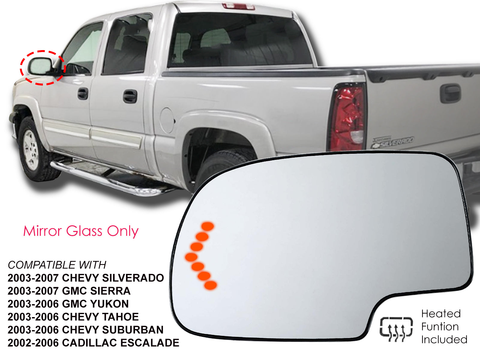 APA Replacement Mirror Glass for 2003 - 2006 TAHOE YUKON ESCALADE AVALANCHE SUBURBAN Power Heated with LED Signal Driver Left Side 88944391 GM1324102