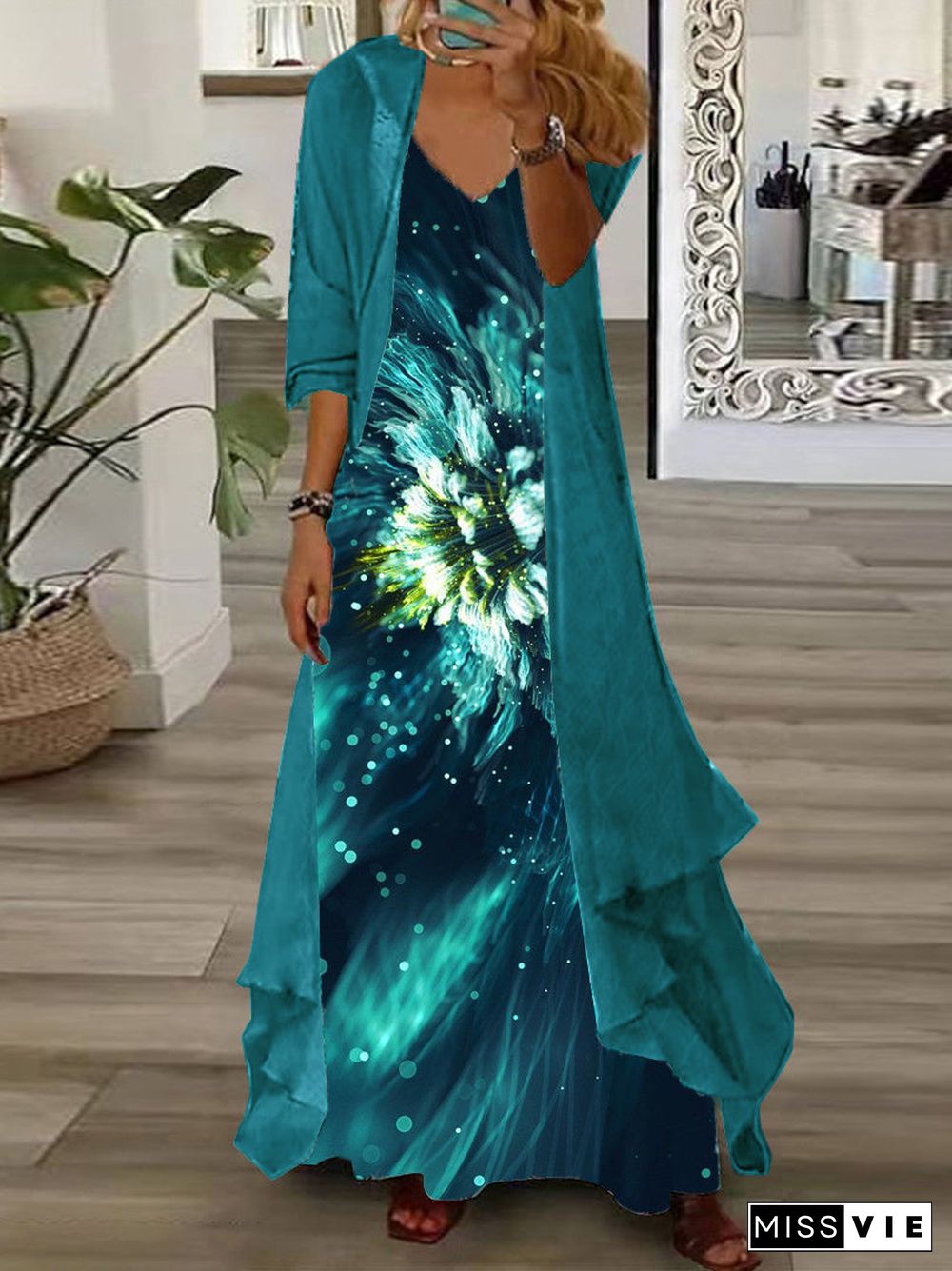 Women's Long Sleeve V-Neck Floral Sequins Printed Graphic Two Piece Suit Maxi Dress