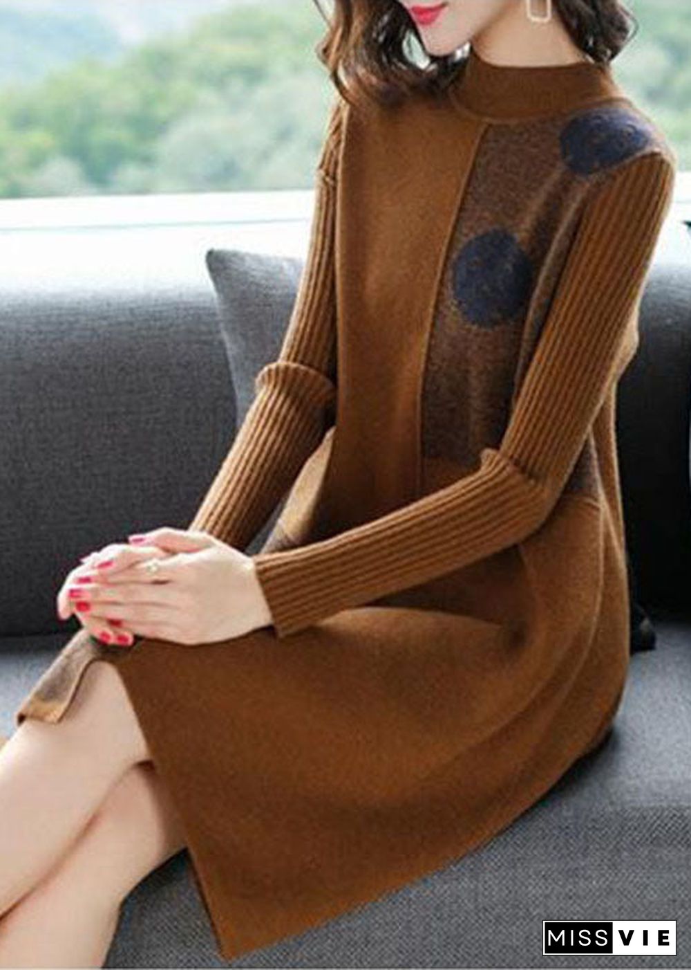 Fashion Chocolate High Neck Asymmetrical Design Knit Sweater Dress Long Sleeve