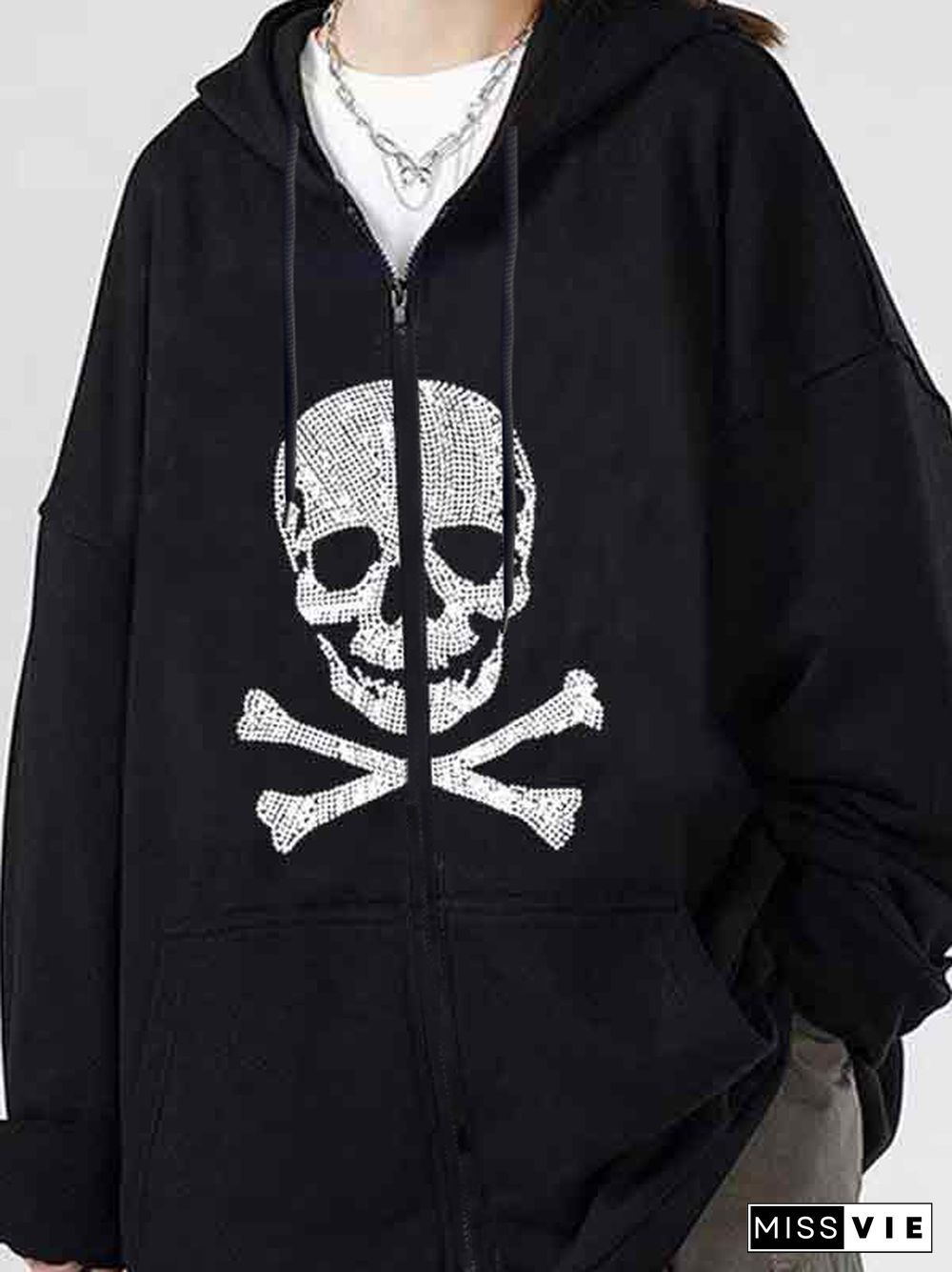 Skull Rhinestone Zip Up Oversized Hoodie