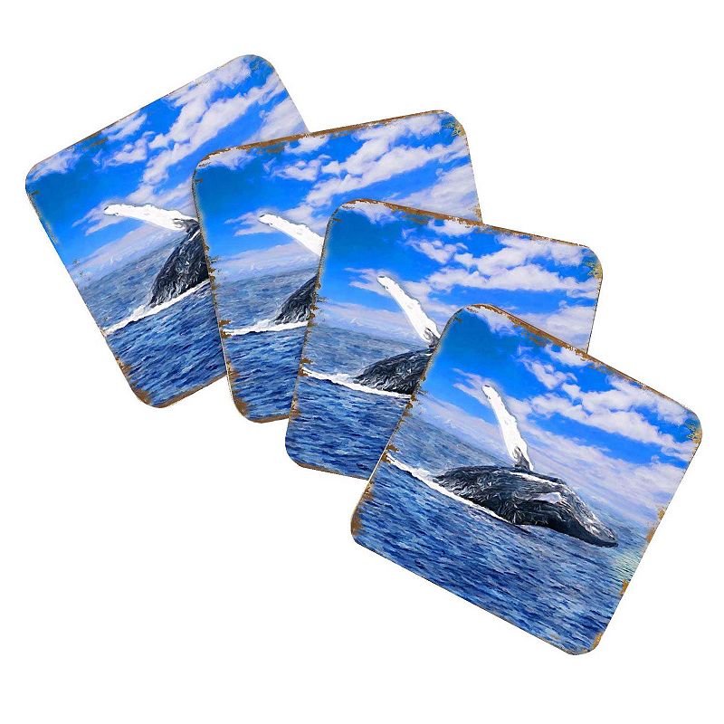 Whale Coastal Wooden Cork Coasters Gift Set of 4 by Nature Wonders