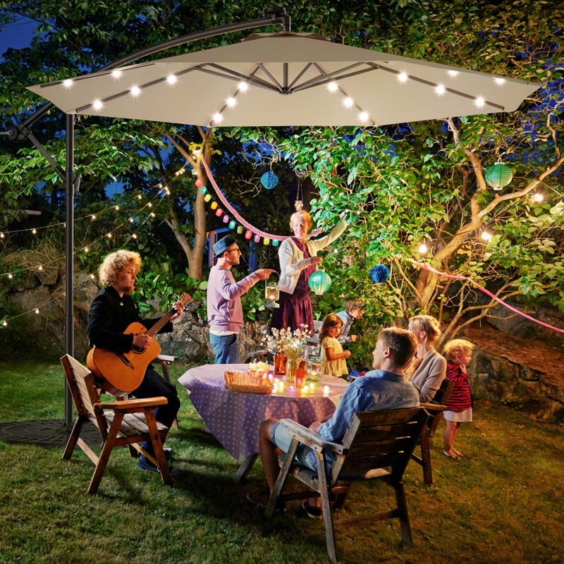 10 FT Offset Patio Umbrella with Solar LED Lights & Cross Base, Large Outdoor Cantilever Umbrella for Sun Rain