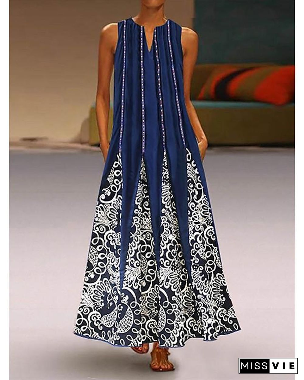 Women's Tunic Maxi long Dress Sleeveless Tribal Print Summer Plus Size Hot Casual White Black Blue Red Green S M L XL XXL 3XL 4XL 5XL