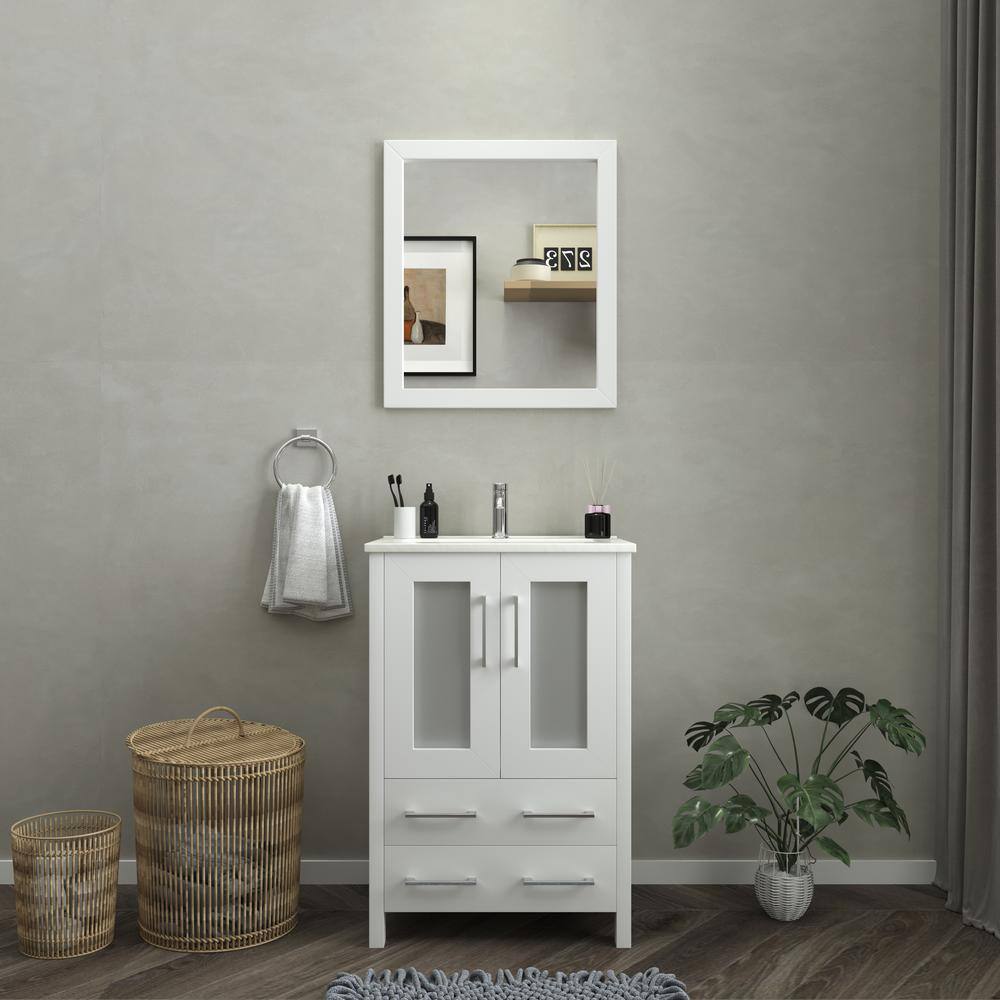 Vanity Art Brescia 24 in. W x 18.1 in. D x 35.8 in. H Single Basin Bathroom Vanity in White with Top in White Ceramic and Mirror VA3024-W