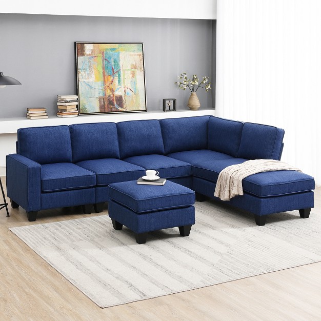 Modern L Shaped Sectional Sofa 7 Seater Linen Sofa Set With Chaise Lounge And Convertible Ottoman Modernluxe