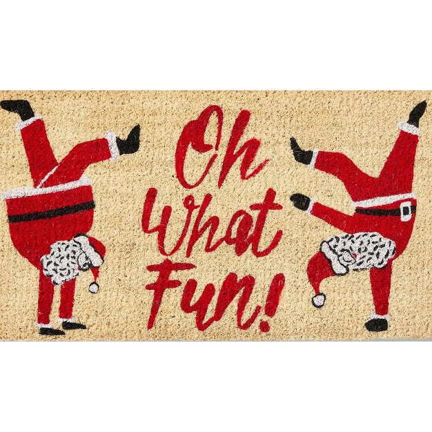 Oh What Fun Sentmeint Dancing Santa Coir Mat Rectangle Indoor Outdoor Coir Door Mat Red On Brown Background