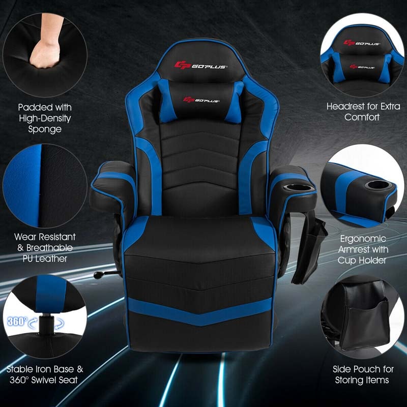 PU Leather Massage Gaming Chair, Ergonomic High Back Racing Style Gaming Recliner with Adjustable Backrest & Footrest, Cup Holder, Side Pouch