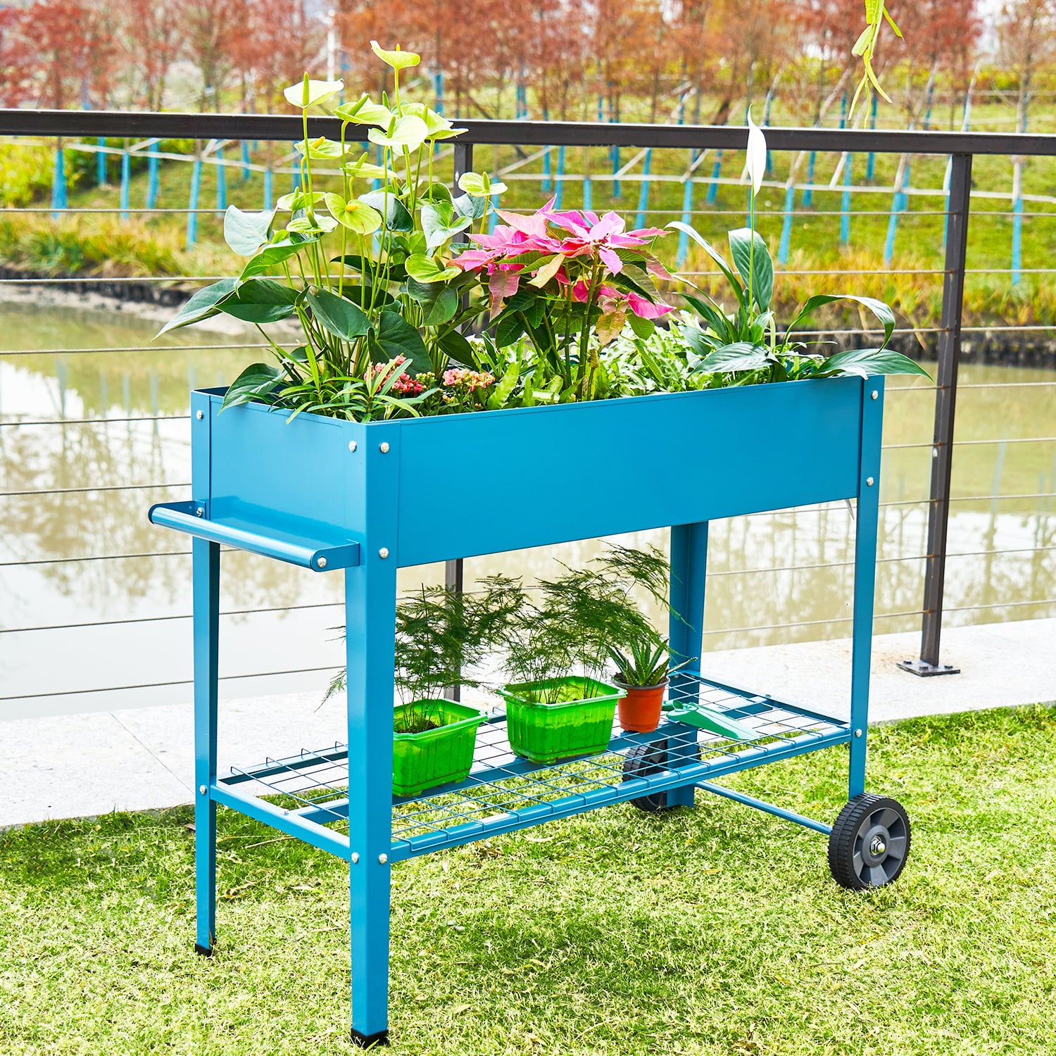 Pushable Blue Metal Raised Garden Bed, Outdoor/Indoor Garden Pots with Handles, Wheels and Shelves, Apartment Patio Stand for Vegetables Flowers Fruits from EXCITED WORK-37.4 inches long