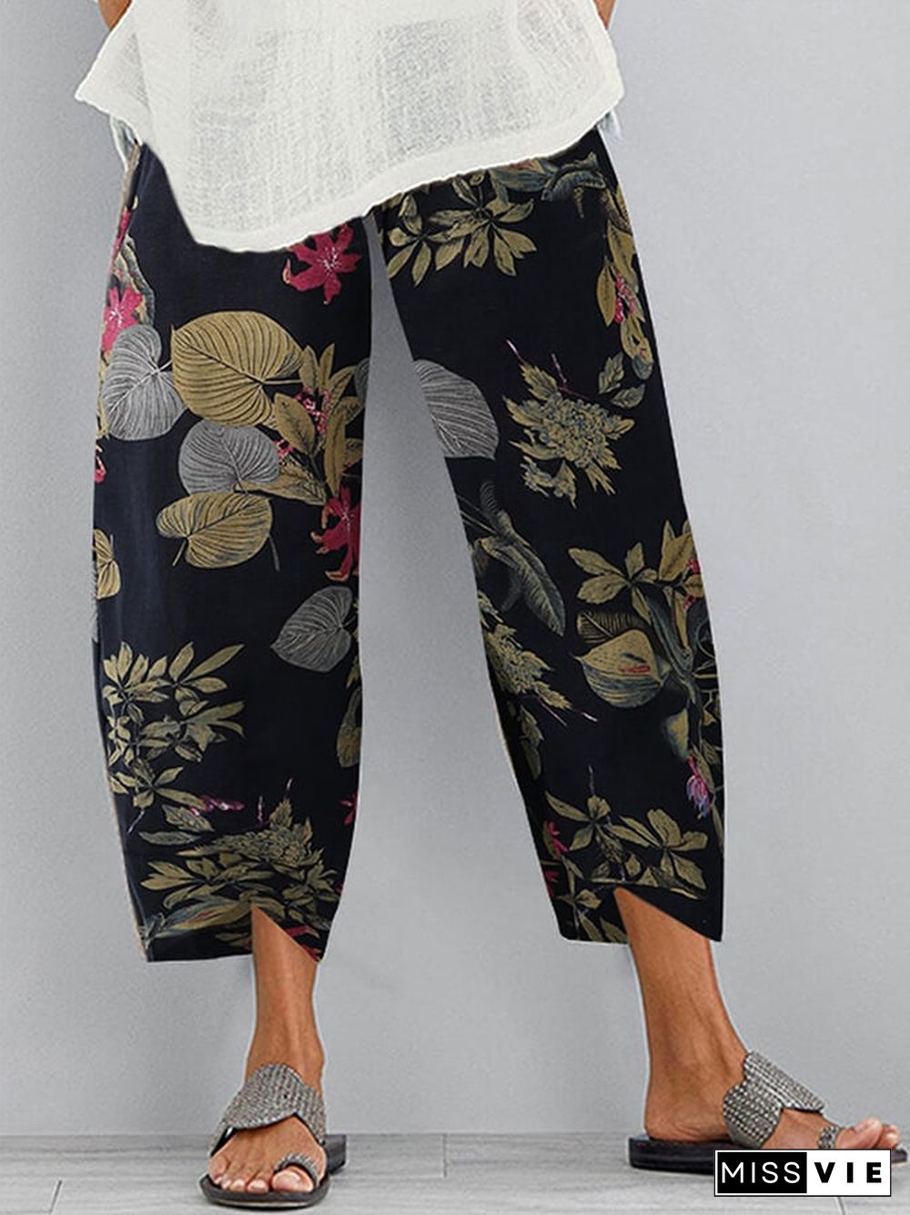 Women's Vintage Print Elastic Waist Casual Pants