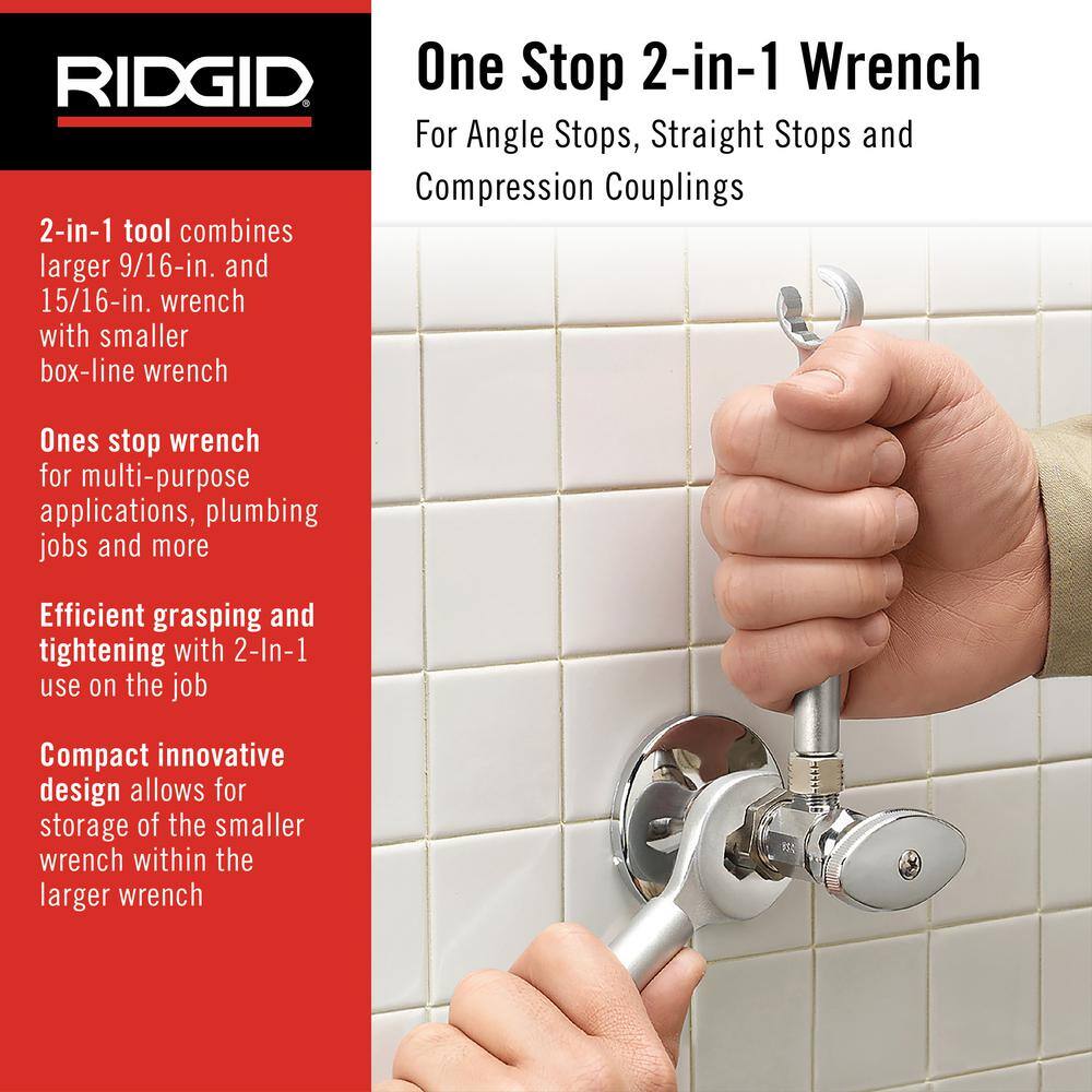 RIDGID One Stop Wrench for Angle Stops Straight Stops and Compression Couplings 2-in-1 Plumbing Wrench for Common Nut Sizes 27023