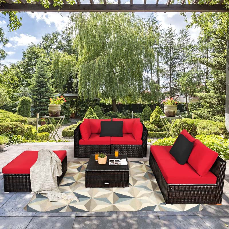 6 Pcs Outdoor Rattan Sectional Sofa Set with Coffee Table & Removable Seat & Back Cushions