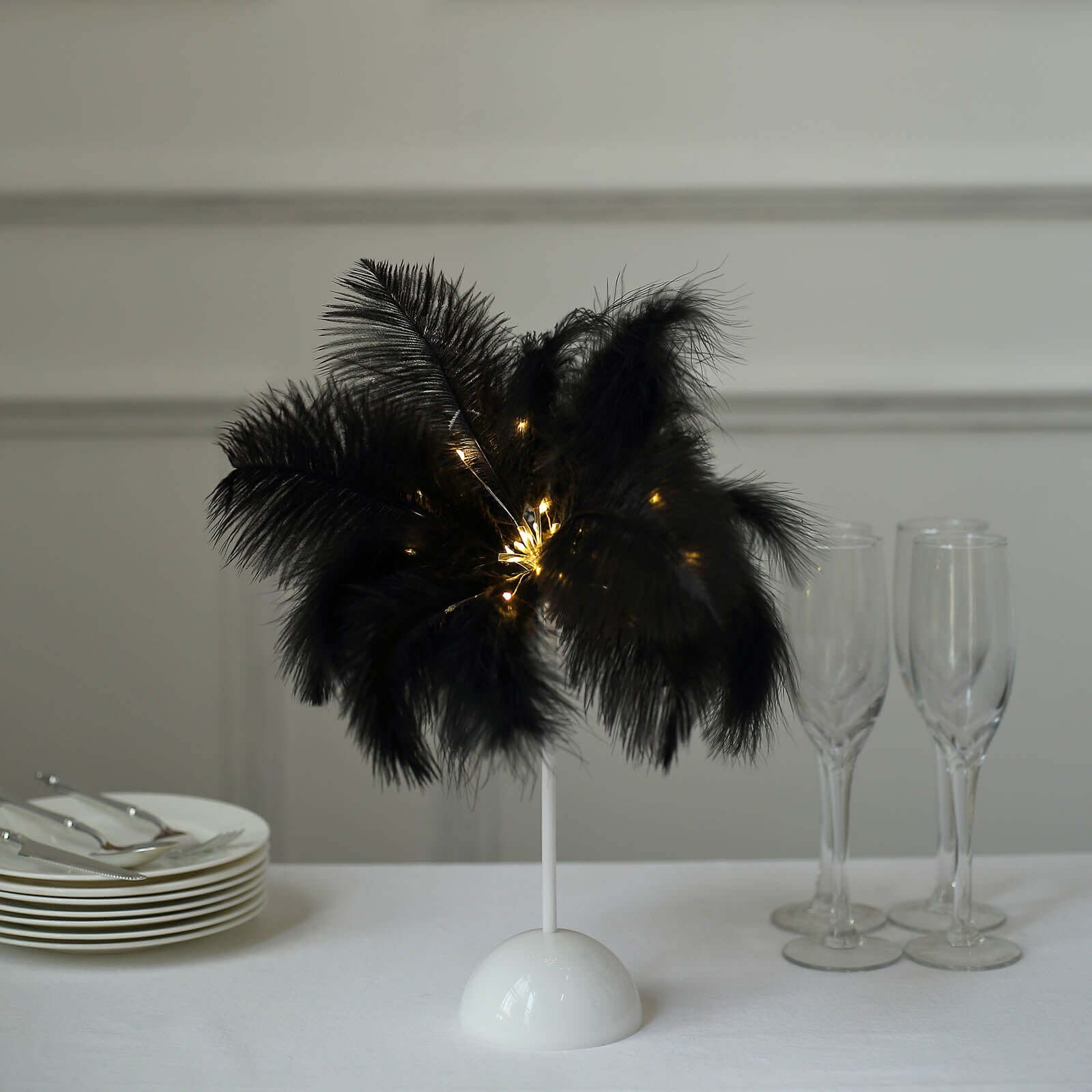 LED Black Ostrich Feather Table Lamp Desk Light, Battery Operated Cordless Wedding Centerpiece 15