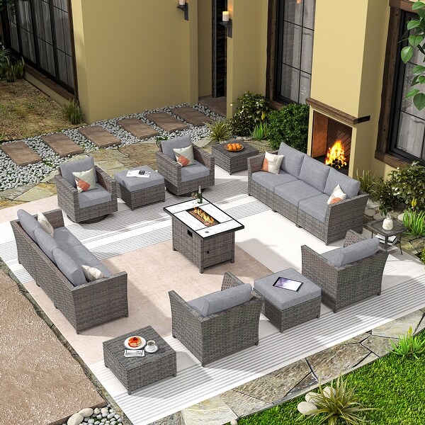 HOOOWOOO 16piece Outdoor Patio Grey Wicker Rattan Furniture Sectional Set with Fire Pit Table