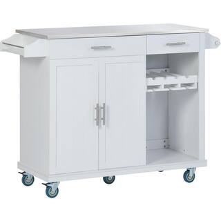 tunuo White Rolling Kitchen Island Cart with Stainless Steel Top and Wheels (51 in. W) SFWF-295114W