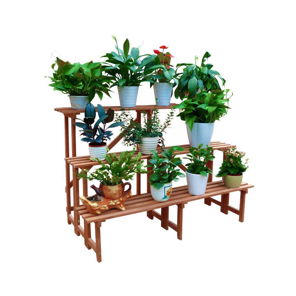 Leisure Season Large 3-Tier 48 in. W x 24 in. D x 32 in. H Brown Step Wooden Plant Stand PS5718