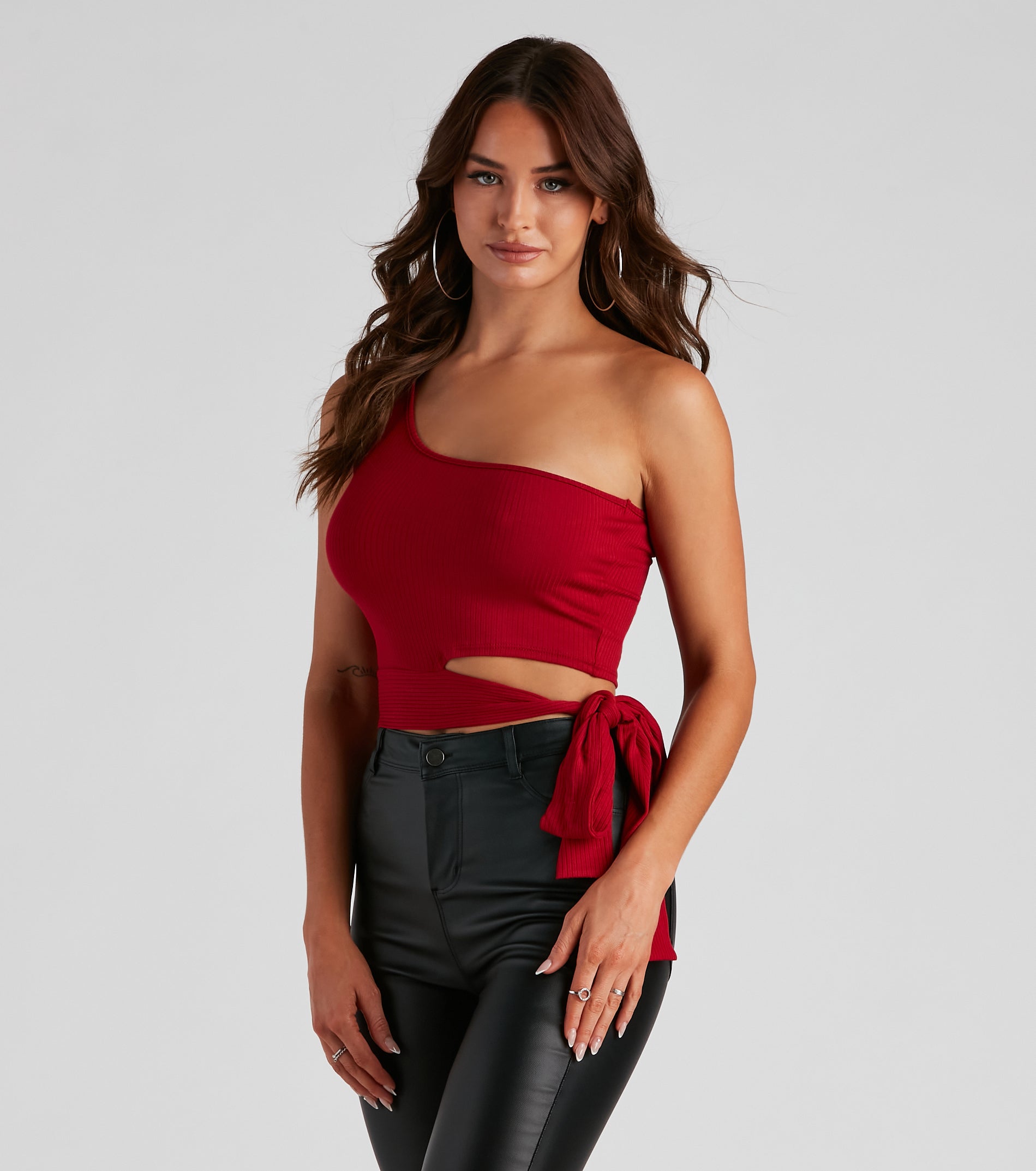 One Shoulder Tie Waist Crop Top