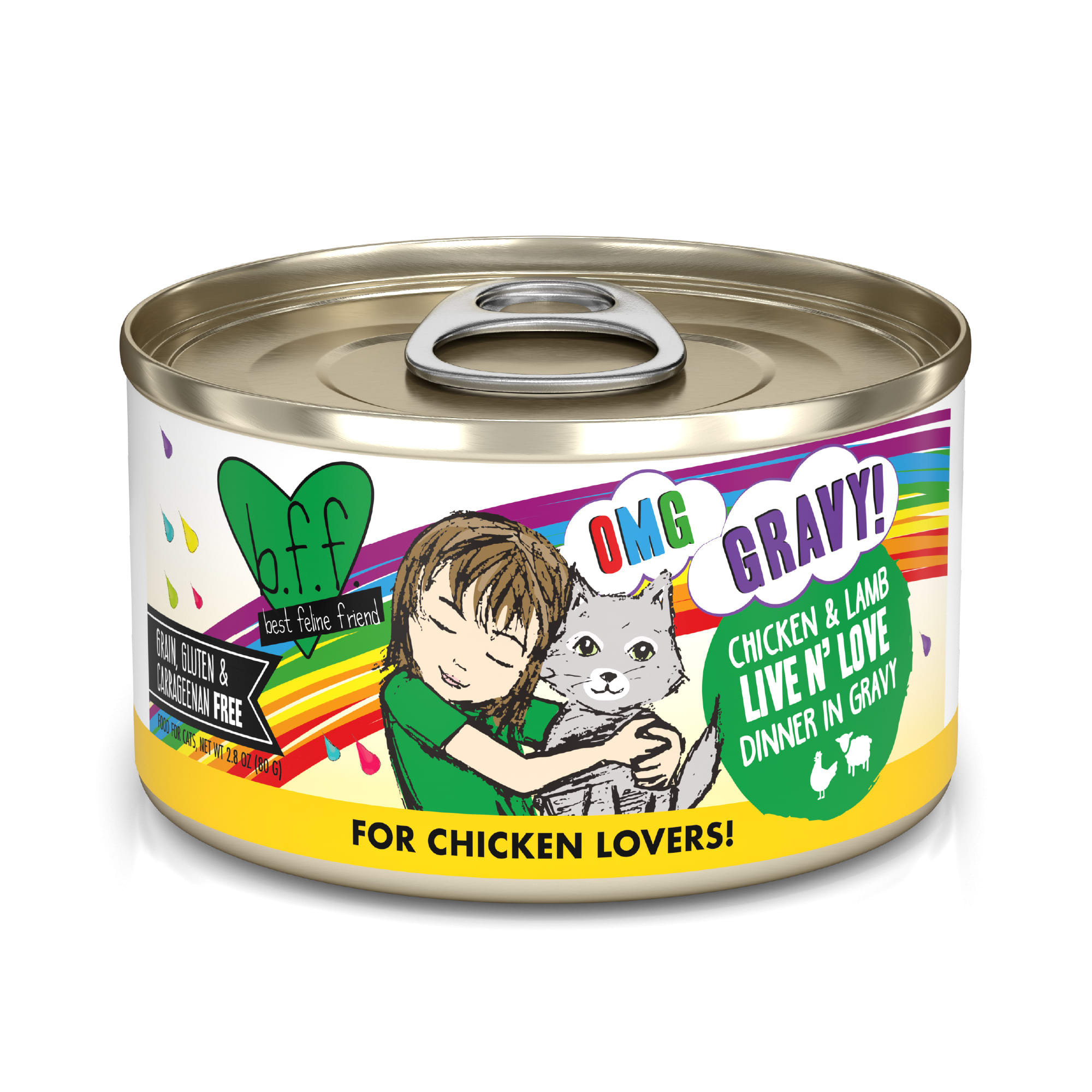 B.F.F. OMG Live N Love Chicken  Lamb Dinner in Gravy Wet Cat Food， 2.8 oz.， Case of 12