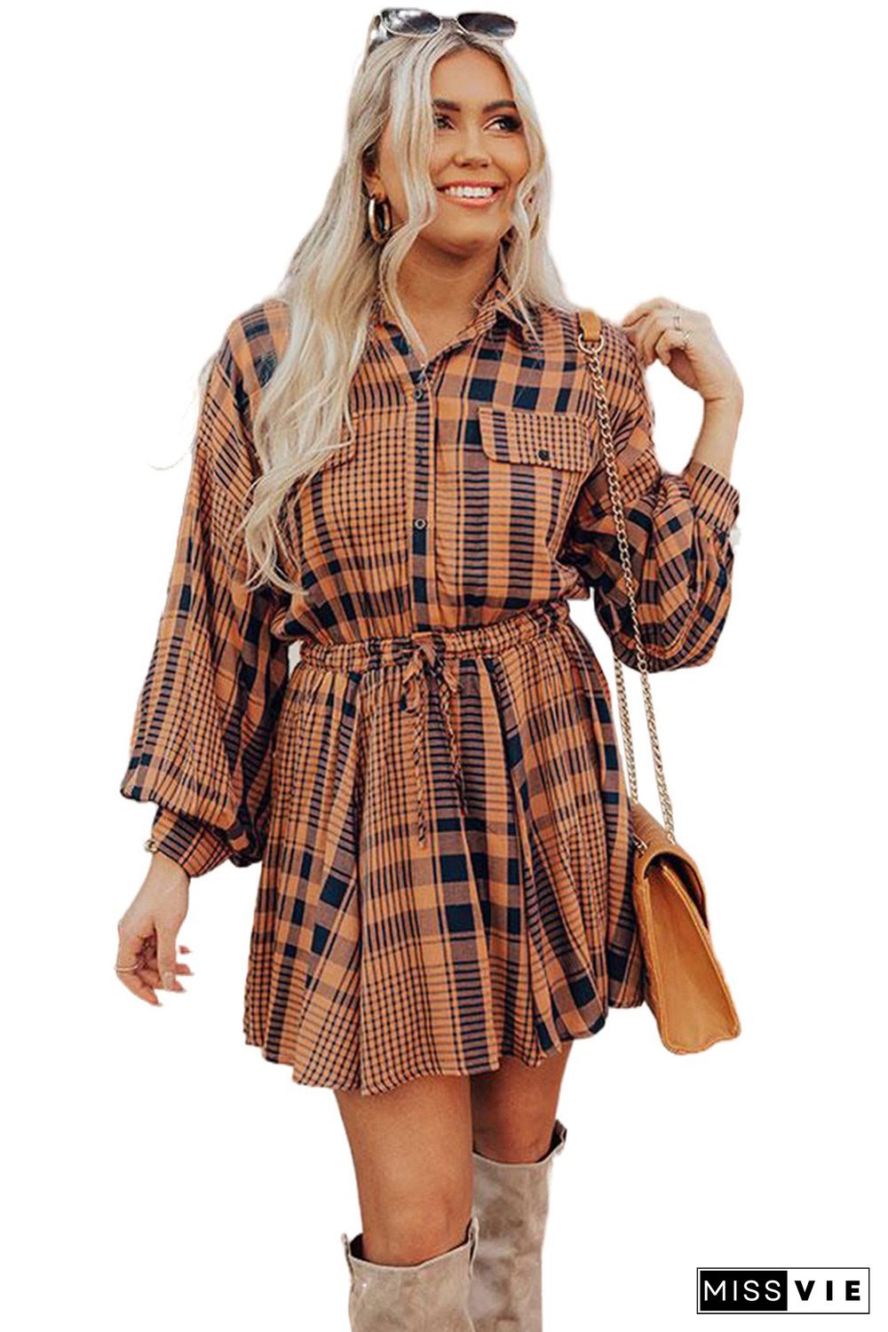 Orange Plaid Print Pocketed Drawstring High Waist Mini Dress