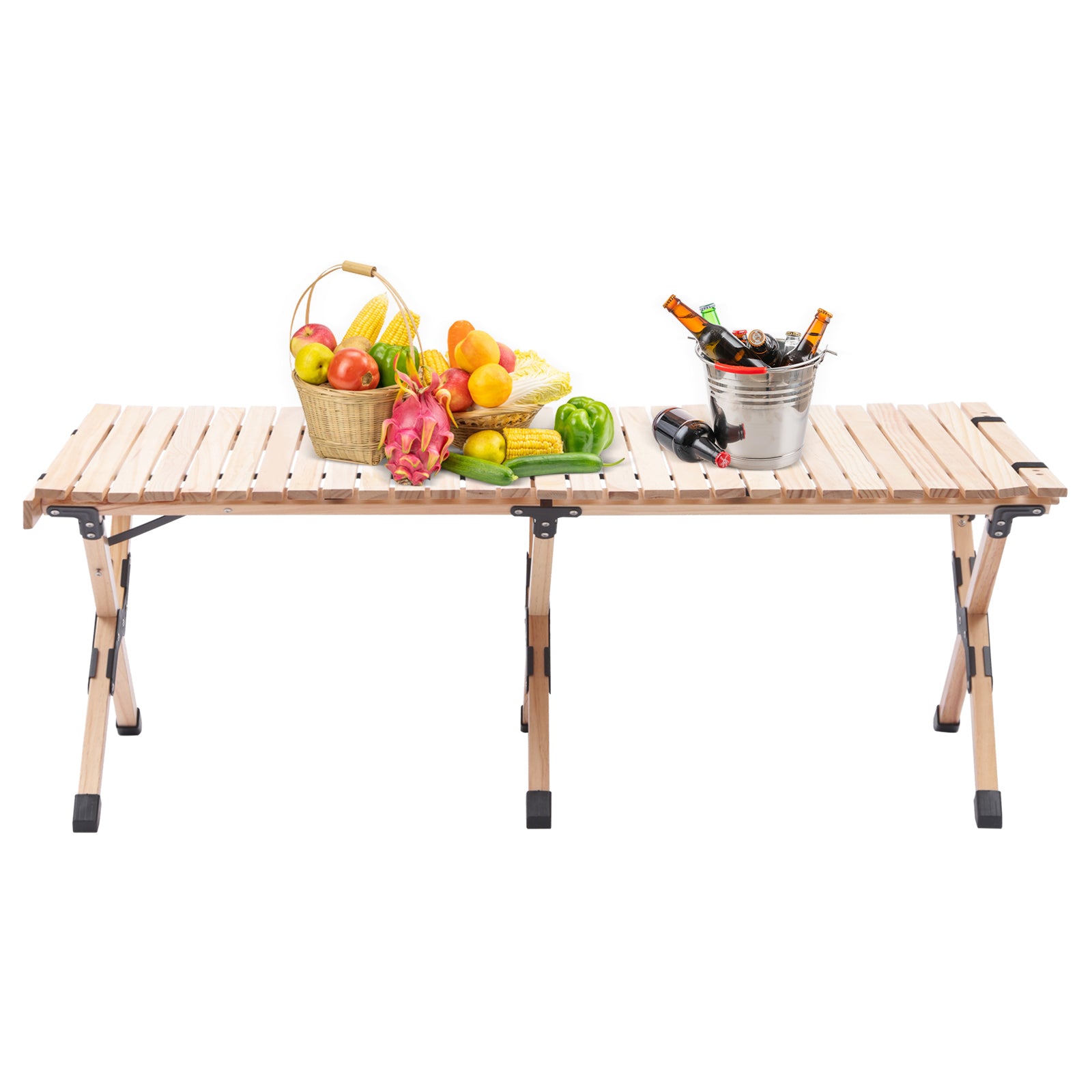 Oukaning Foldable Camping Table Wood Portable Picnic Table Rectangular 120*60cm