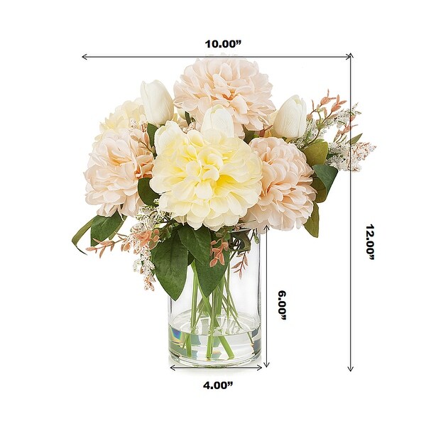 Enova Home Mixed Real Touch Tulip and Dahlia Artificial Flowers Arrangement in Clear Cylinder Glass Vase for Home Decór