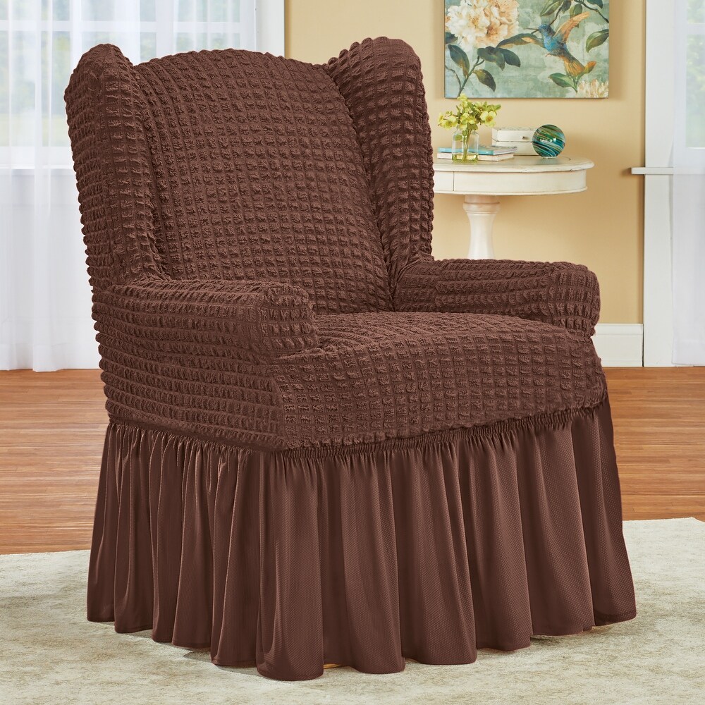 Textured Squares Ruffled Slipcover   Wing Chair