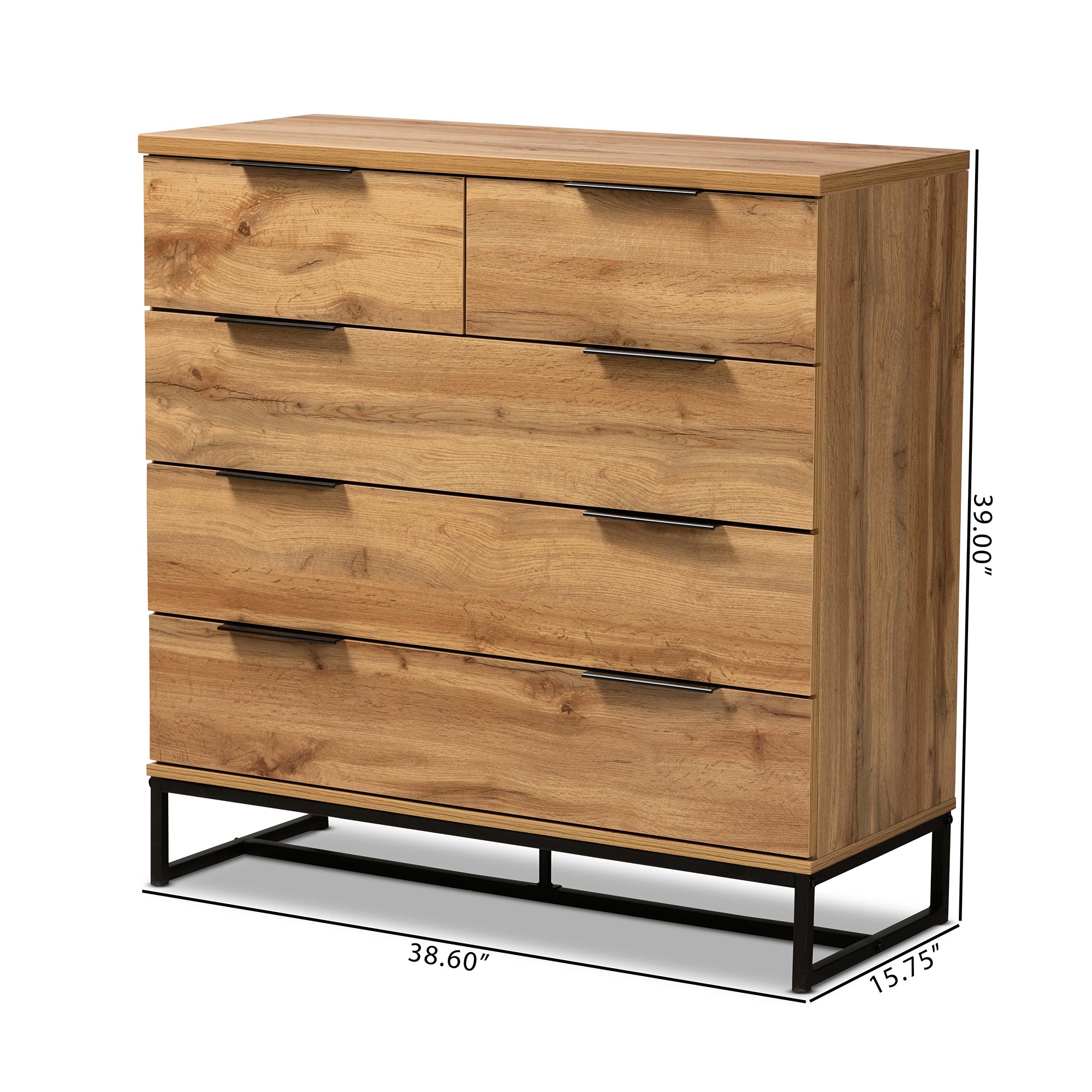 Baxton Studio Franklin Modern and Contemporary Oak Finished Wood and Black Finished Metal 5-Drawer Bedroom Chest