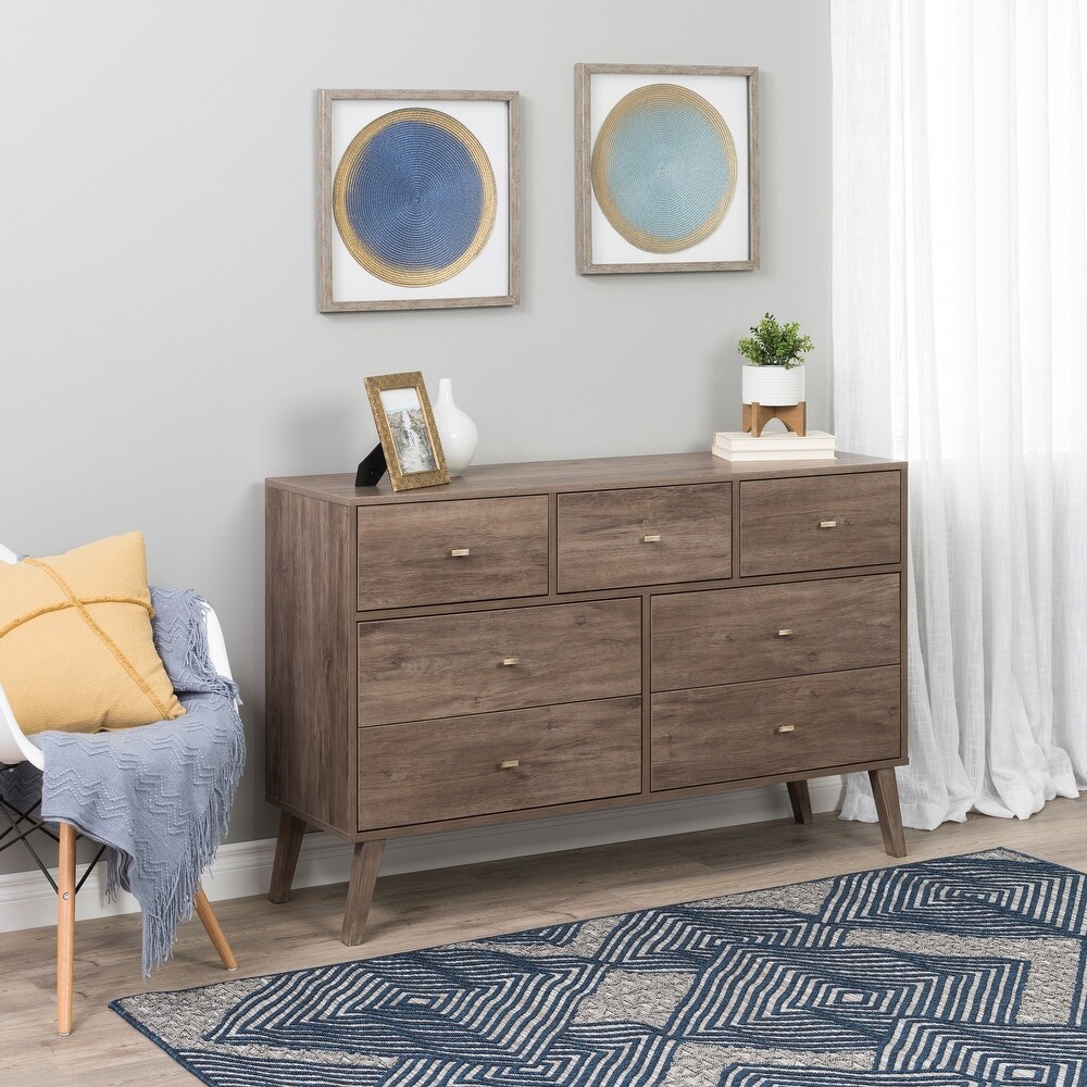 Prepac Milo Mid Century Modern 7 Drawer Double Dresser for Bedroom  Chest of Drawers  Contemporary Bedroom Furniture