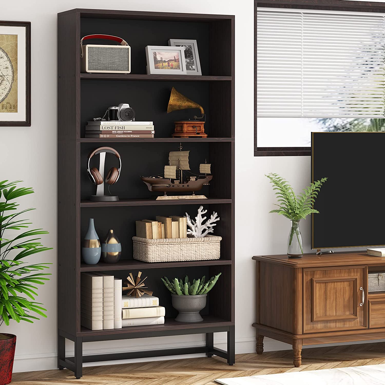 70.8 Bookcase, Large Bookshelf Organizer with 5-Tier Storage Shelves