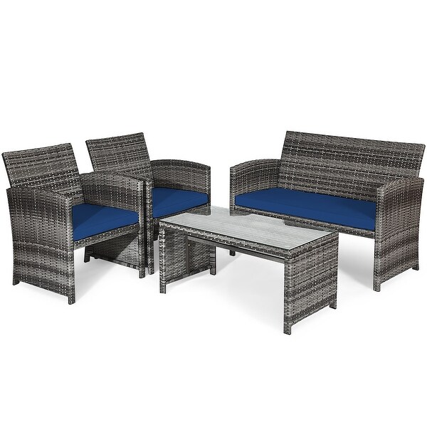 Costway 4PCS Patio Rattan Furniture Set Conversation Glass Table Top