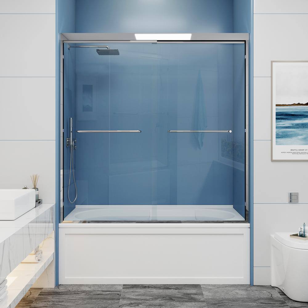 MCOCOD 60 in. W x 60 in. H Double Sliding Semi-Frameless Tub Shower Door in Chrome with Smooth Sliding and 14 in. (6 mm) Glass DS06E-60x60-CH