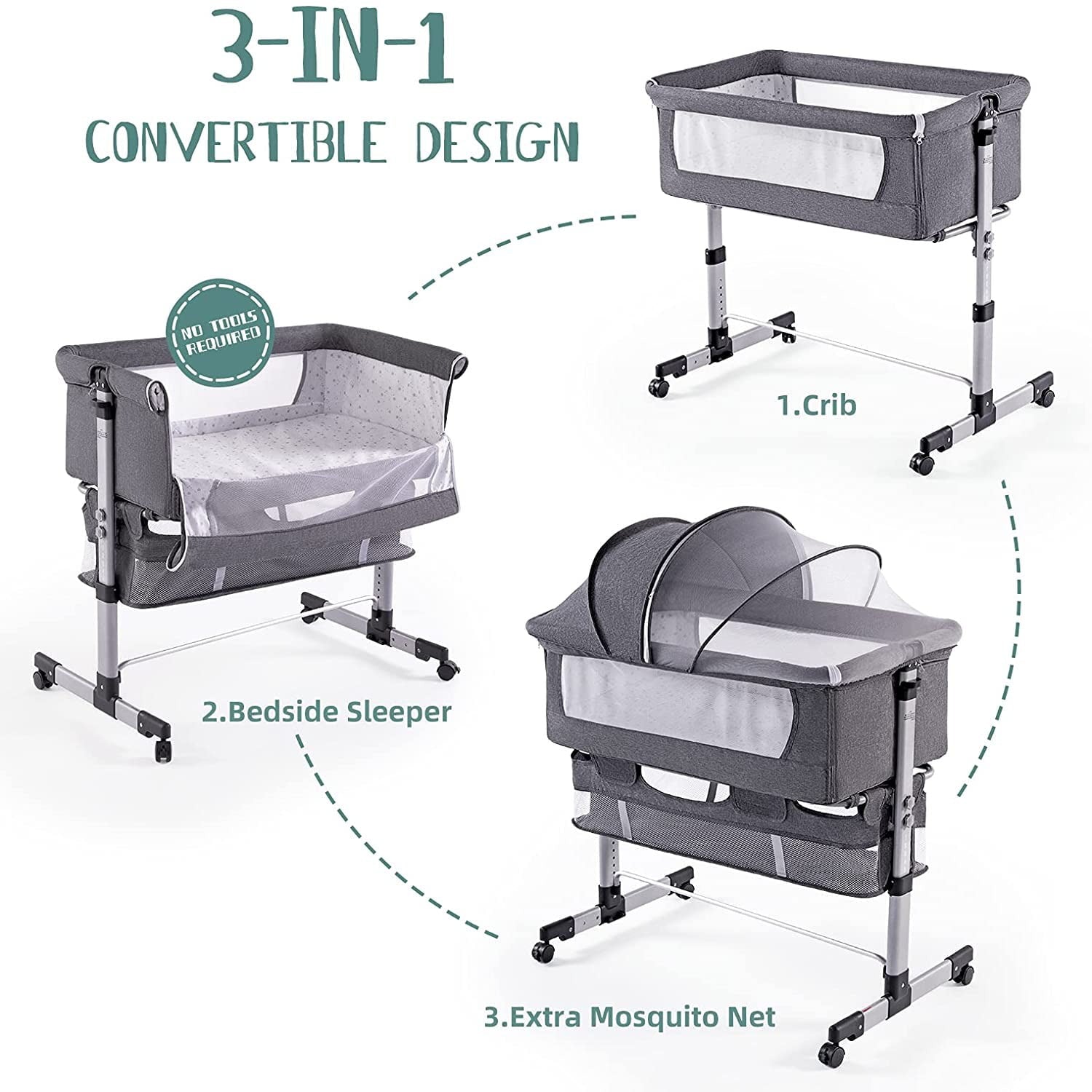 Lamberia 3 in 1 Bassinet for Baby, Easy Folding Sleeper with Mattress for Newborn Infant/Baby Boy/Baby Girl (Grey)