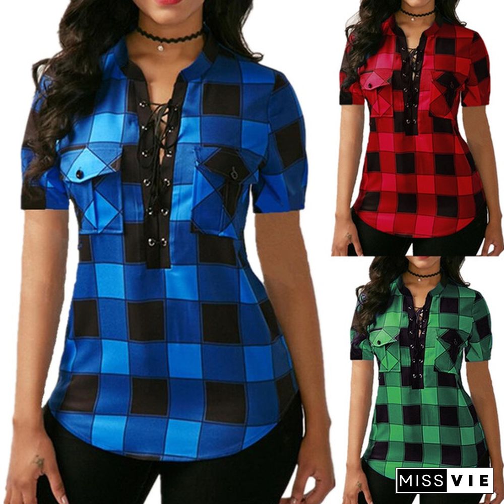 Summer Women's Fashion Sexy V-neck Lace Up Plaid Blouse Tops Irregular Short Sleeve Shirt