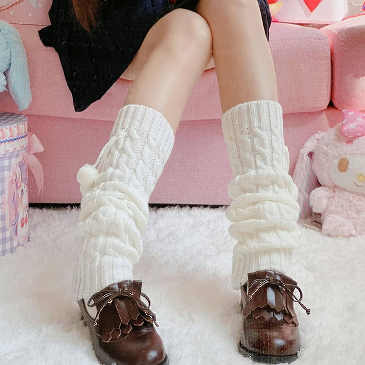 Women Girls Japanese Kawaii Knitted Long Crochet Wool Ball Leg Warmers Knee High