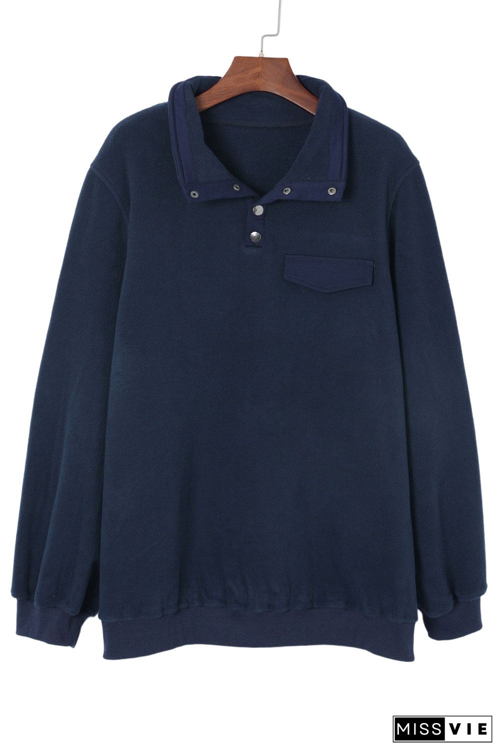 Blue Snap Buttons Pullover Plus Size Fleece Sweatshirt