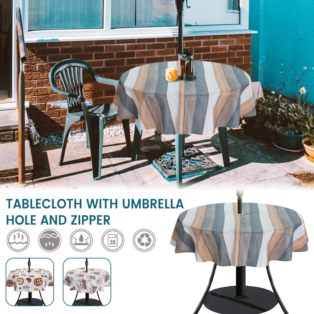 Fyeme 600D oxford cloth with Parasol Umbrella Hole and Zipper Round Outdoor Waterproof Tablecloth Garden Patio Table Protective Cover Table Protector Linen Cloth Washable Stain Proof