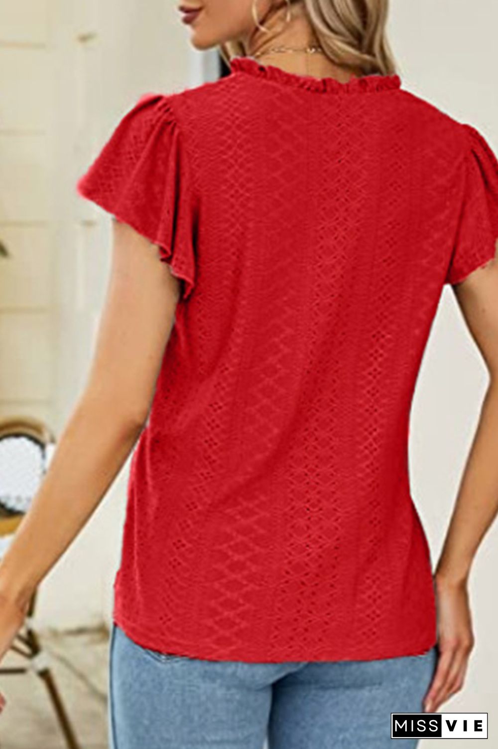 Eyelet Pattern Frilled Split Collar Ruffles Sleeves Tee