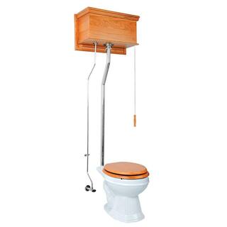 RENOVATORS SUPPLY MANUFACTURING High Tank Toilet Single Flush Round Bowl in White with Light Oak Tank and Chrome Rear Entry Pipes 12186