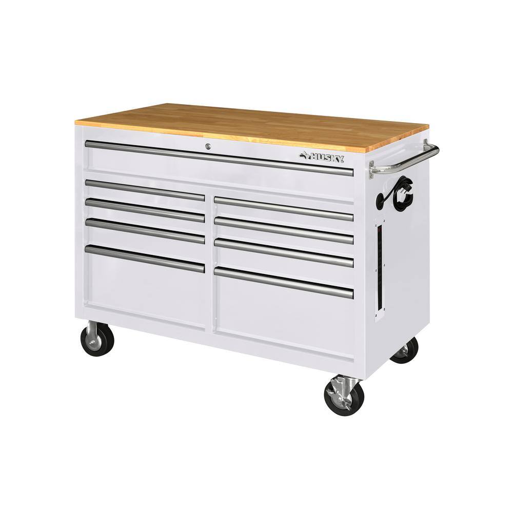 Husky 46 in. W x 24.5 in D Standard Duty 9-Drawer Mobile Workbench Tool Chest with Solid Wood Top in Gloss White HOTC4609BJ6M